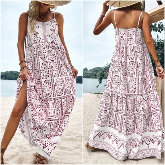 Boho Tropical Plants Print Cami Maxi Dress - Picture 4 of 6